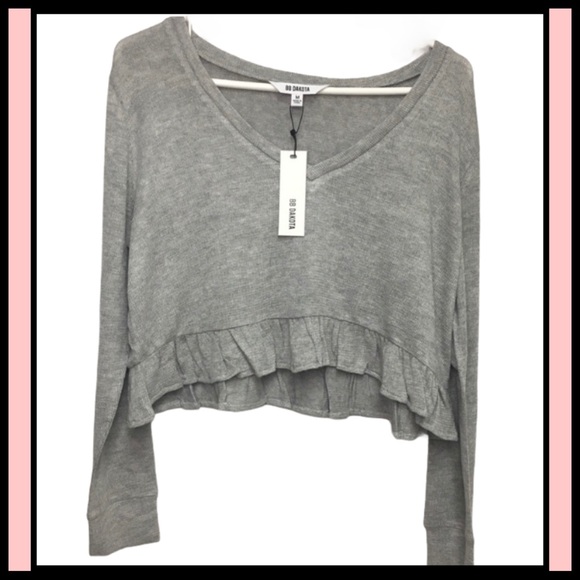 NWT BB DAKOTA NWT Grey Crop-Ruffled hem light weight thermal Knit Top S - Picture 2 of 9